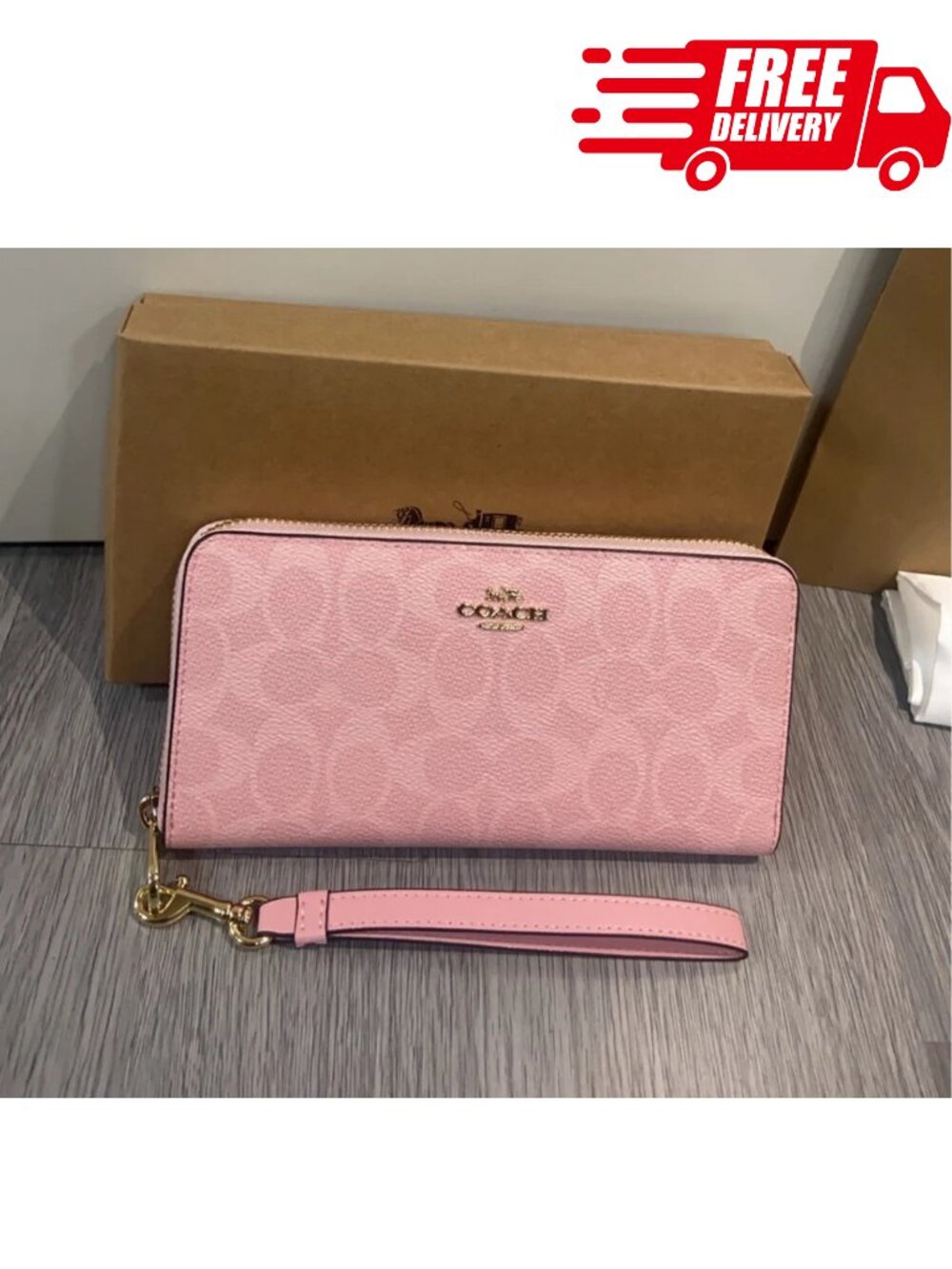 COACH Long Zip Around Wallet Signature Canvas Pink With Box